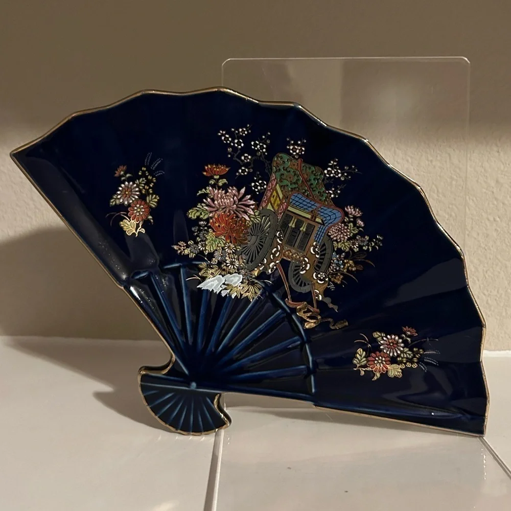 Fan Shaped Kutani Sauce Plate Cobalt Blue & Gold Japanese Cart Art Small Dish